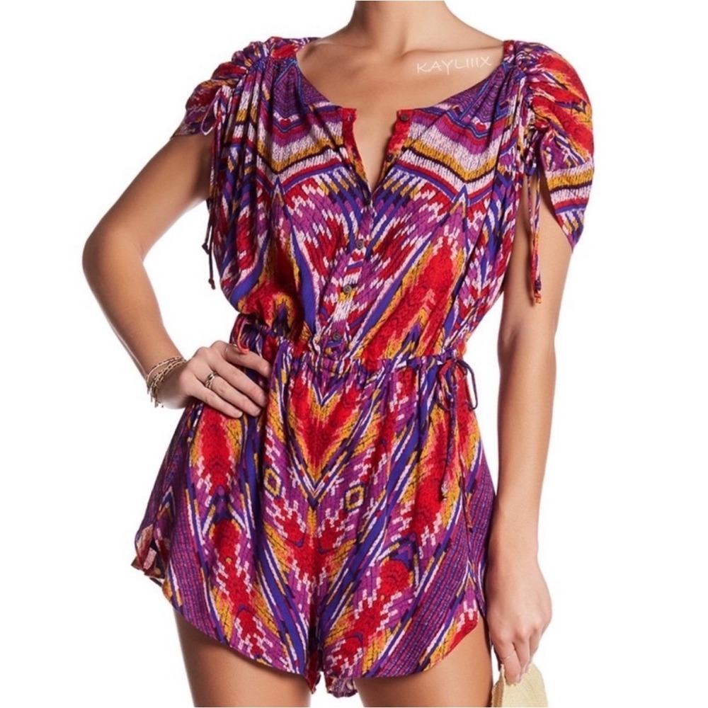 Free People Romper Womens XS Multicolor Ikat Print Boho Festival Rayon Playsuit